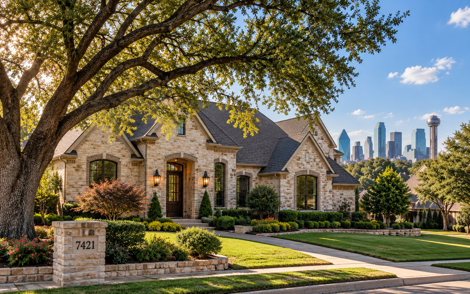Established stone home with a mature live oak and the Dallas skyline in the distance